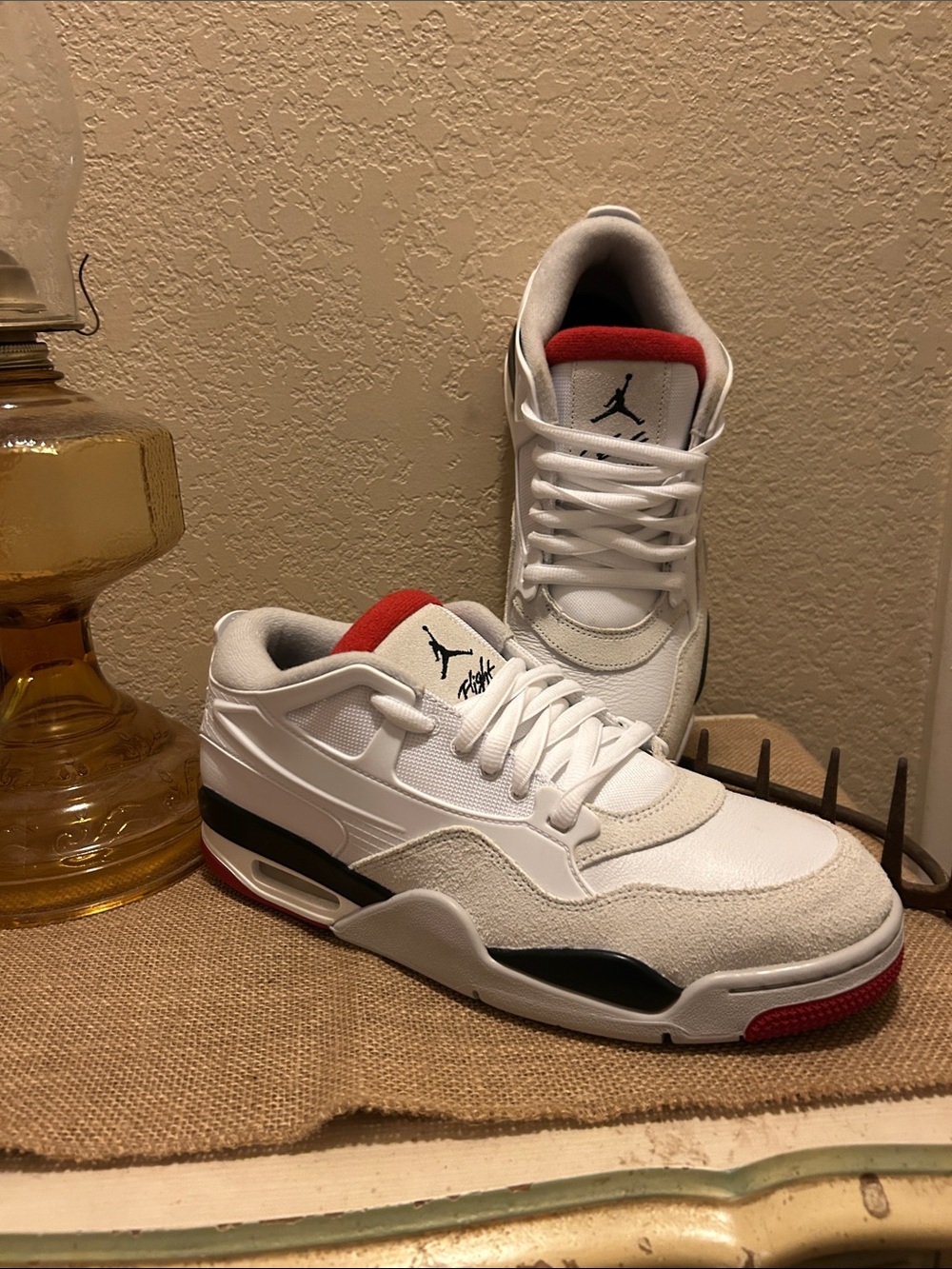 Jordan Low Top Sneakers in White, Black & Red Accents